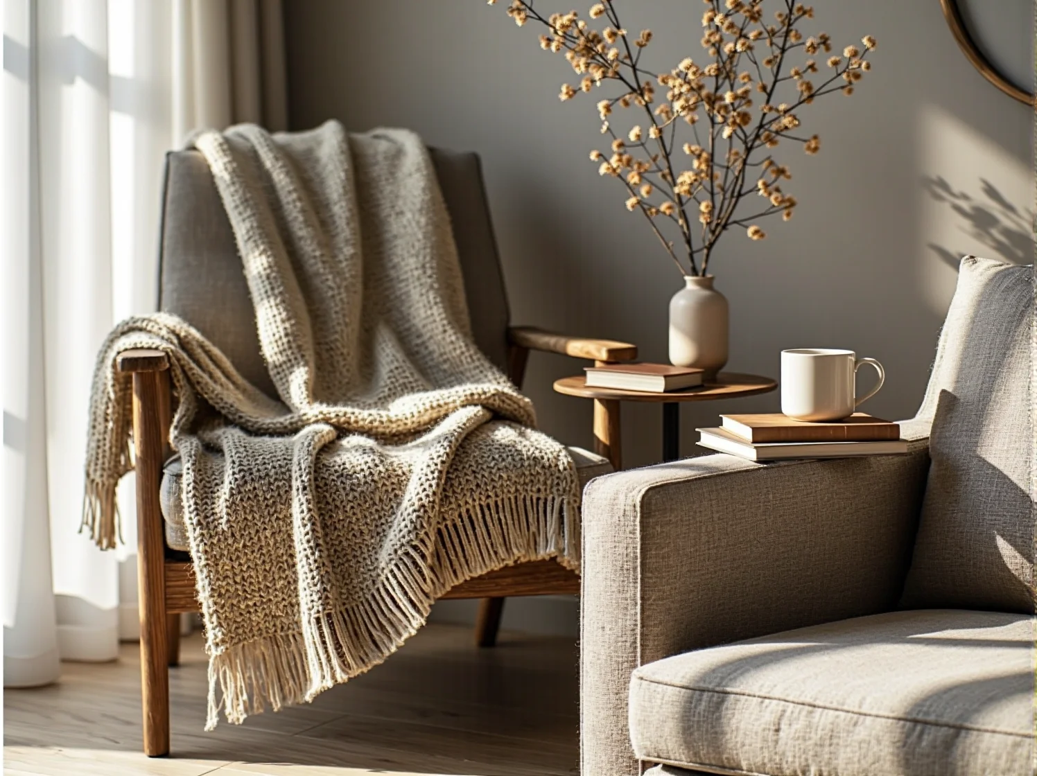 Harmonijne wnętrze w odcieniach szarości i bieli, kluczowe kolory stylu skandynawskiego.