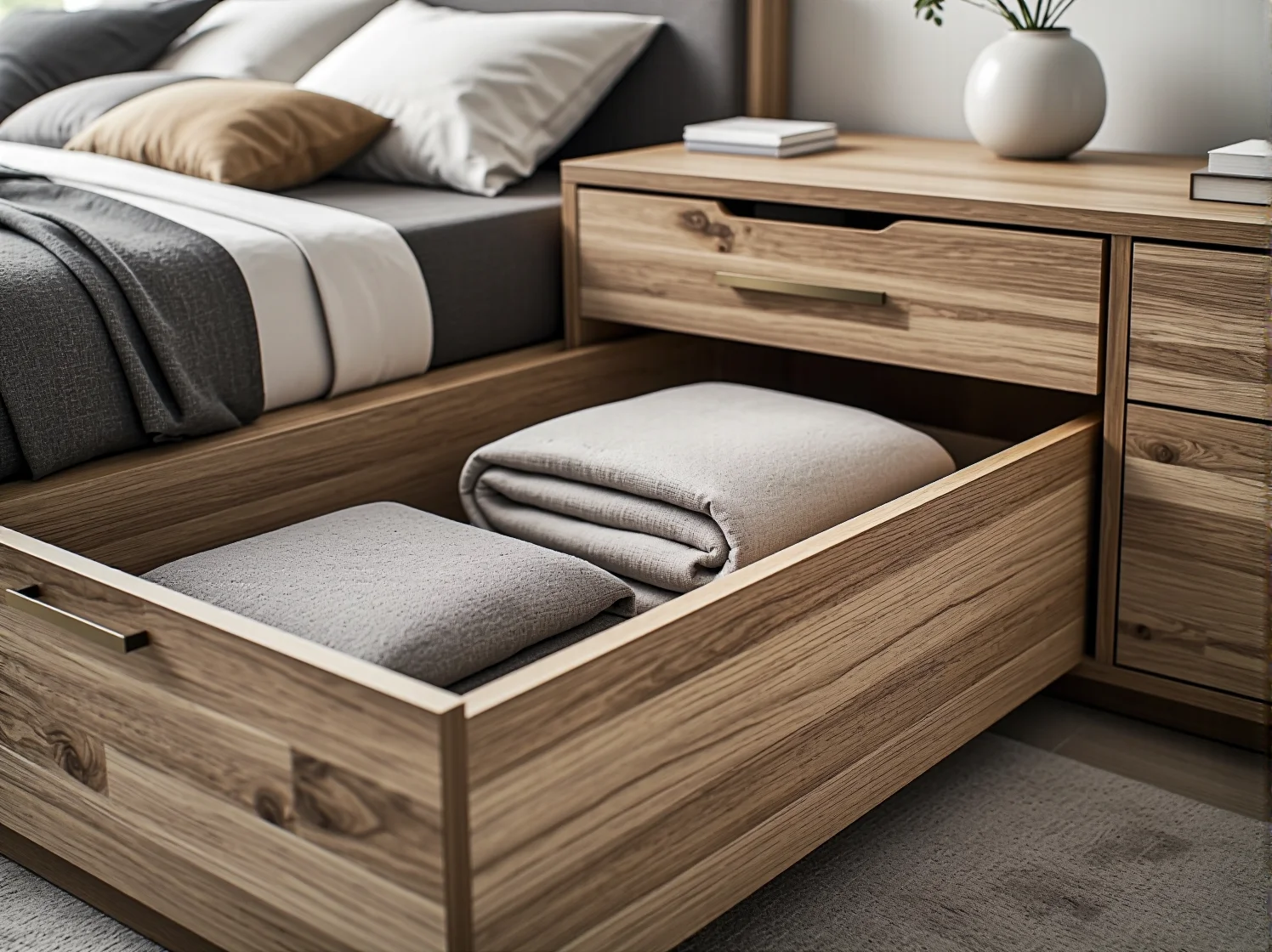 Wysunięta szuflada pod łóżkiem kontynentalnym wypełniona pościelą.