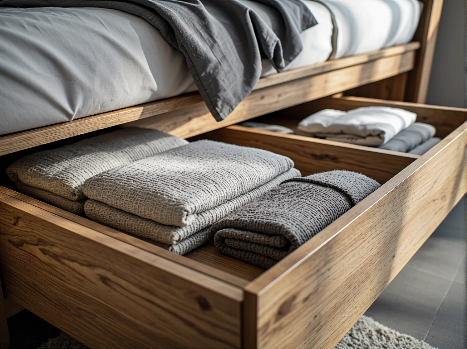 Jasne tapicerowane łóżko w stylu skandynawskim z funkcjonalnym schowkiem pod materacem.