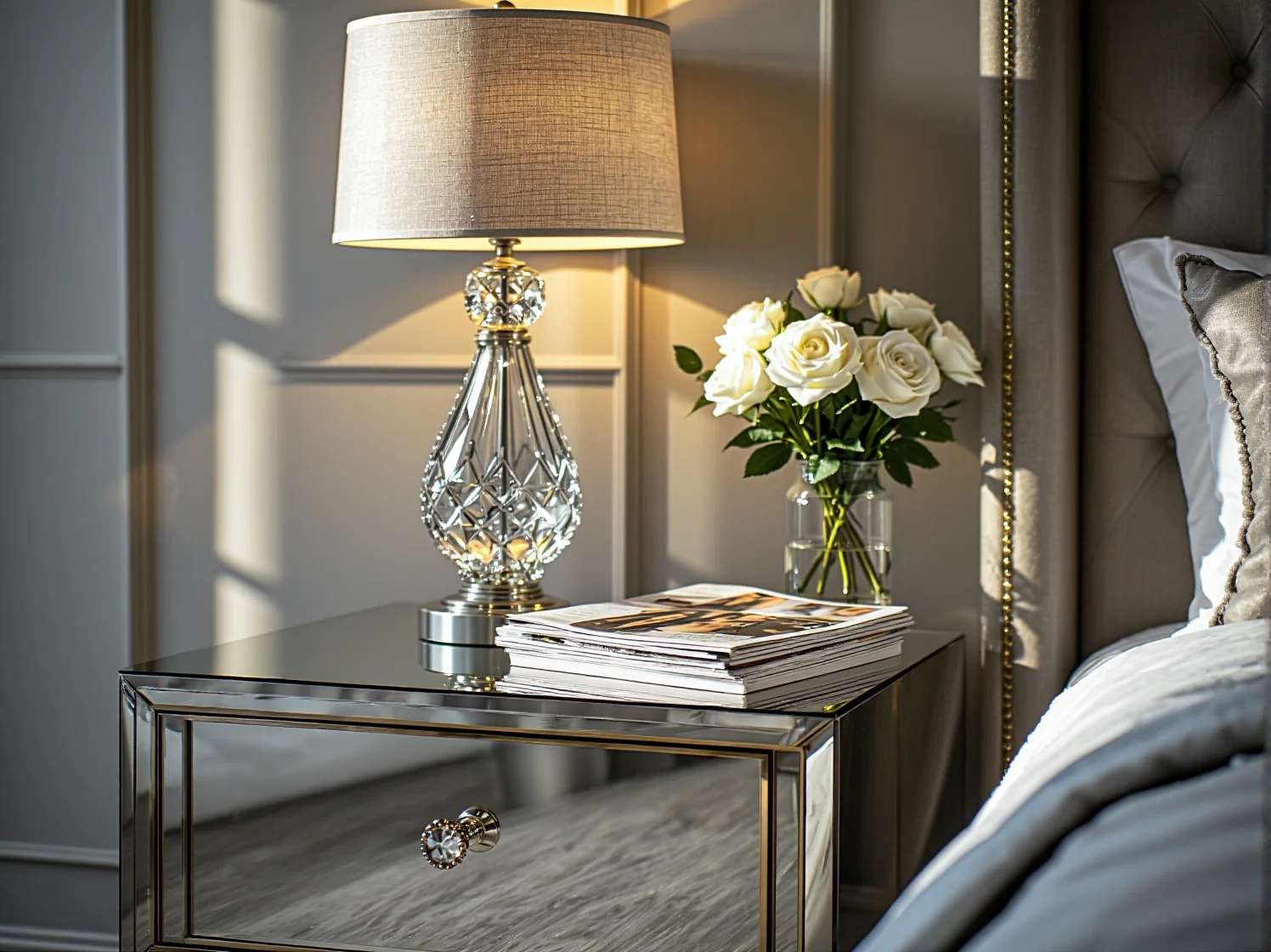 Stylowa toaletka z okrągłym lustrem i welurowym pufem. Idealny dodatek do kobiecej sypialni w stylu glamour.