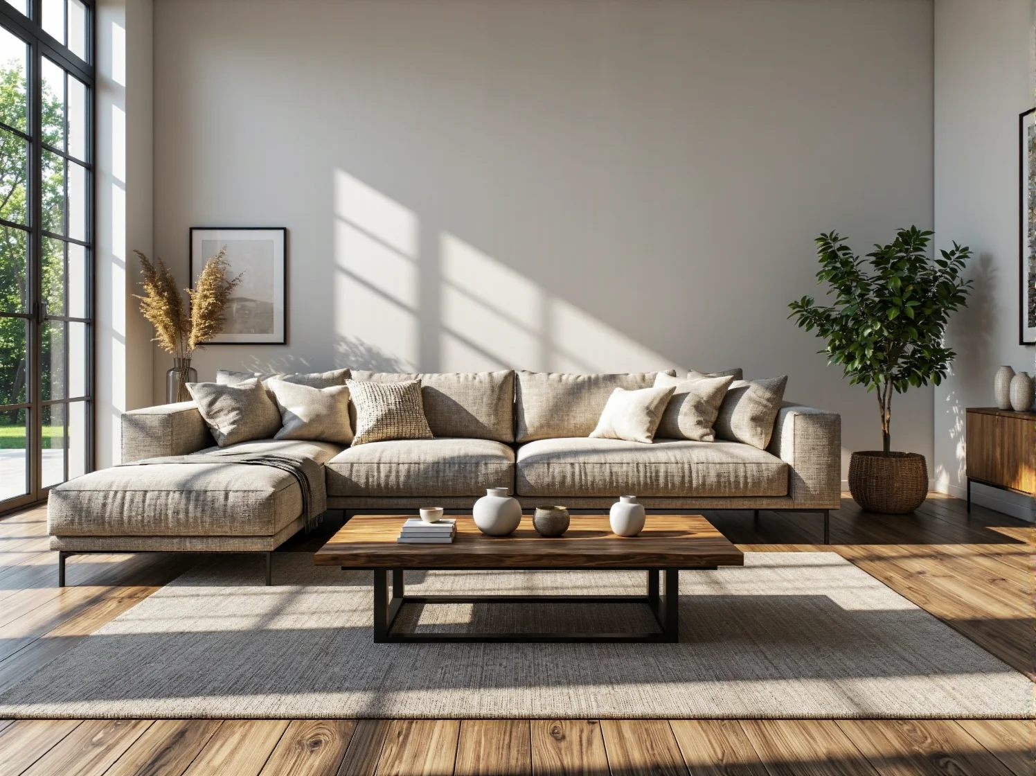 Narożna sofa tapicerowana beżowa z poduszkami dekoracyjnymi