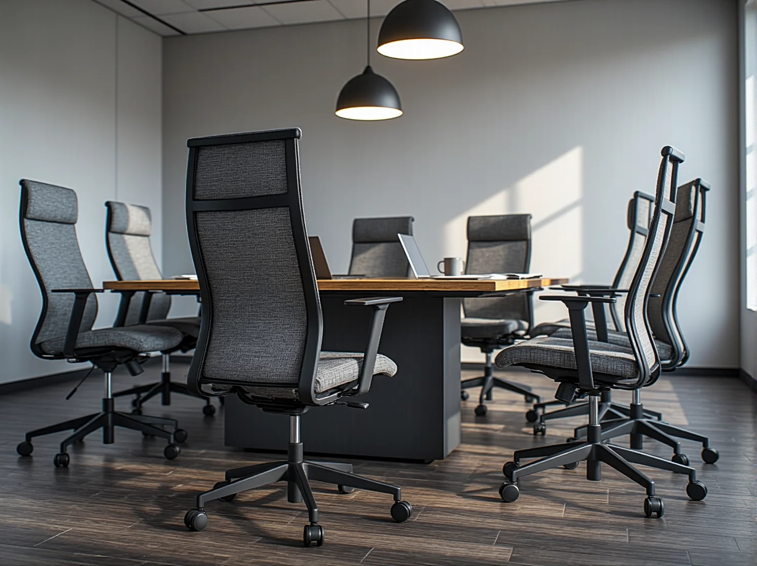 Trwały i funkcjonalny stół konferencyjny w minimalistycznej przestrzeni do pracy.