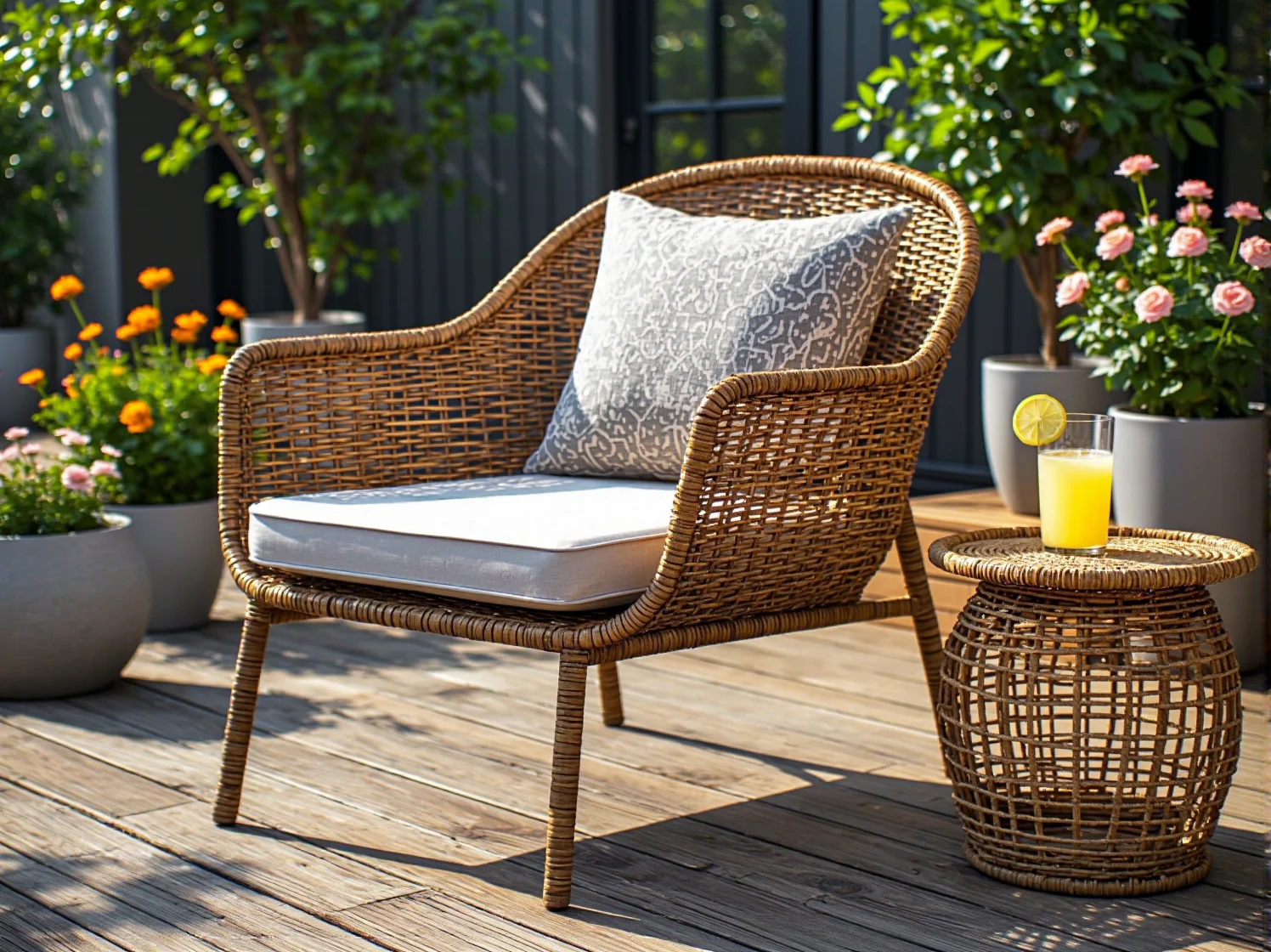 Zbliżenie na gęsty, naturalny splot krzesła rattanowego, ukazujące jego wytrzymałą strukturę.