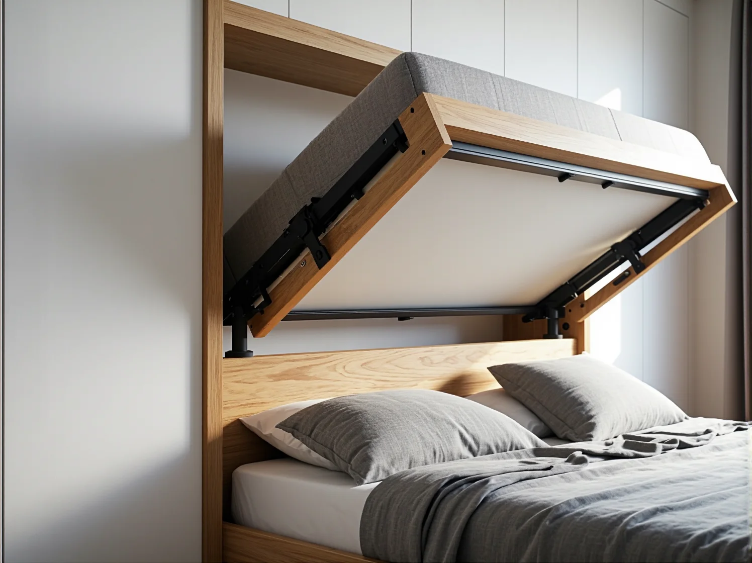 Funkcjonalne łóżko składane pionowo, idealne rozwiązanie do kawalerki lub małego mieszkania.