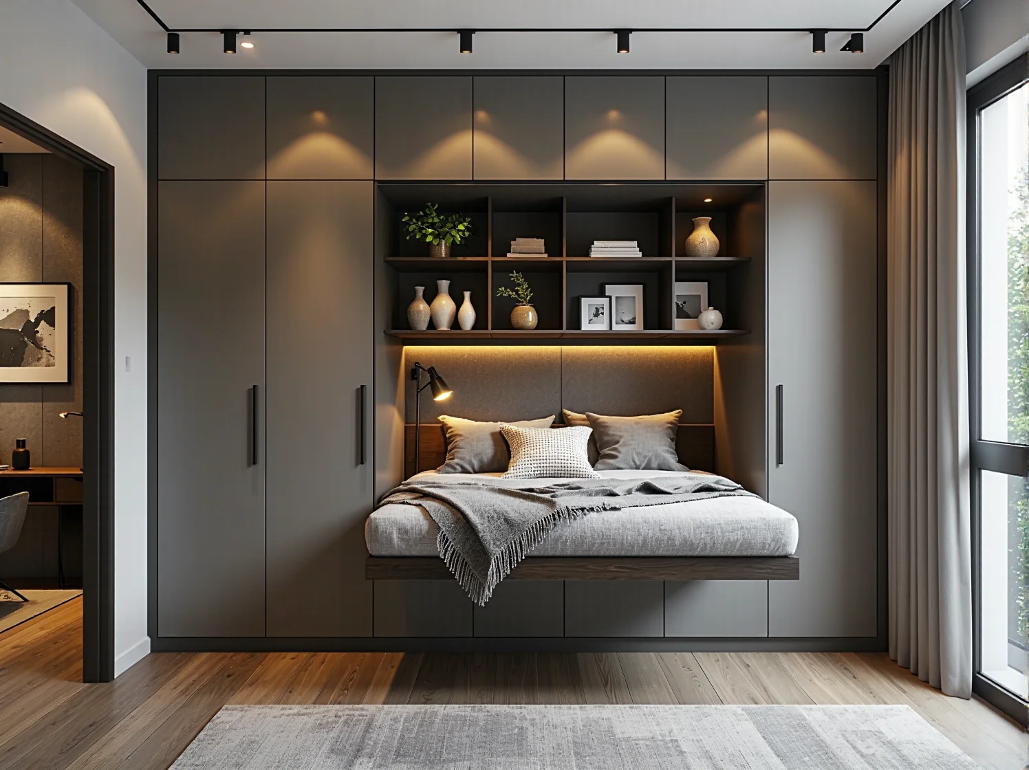 Praktyczne łóżko ścienne zintegrowane z szafą i biurkiem do pracy zdalnej w małym pokoju.