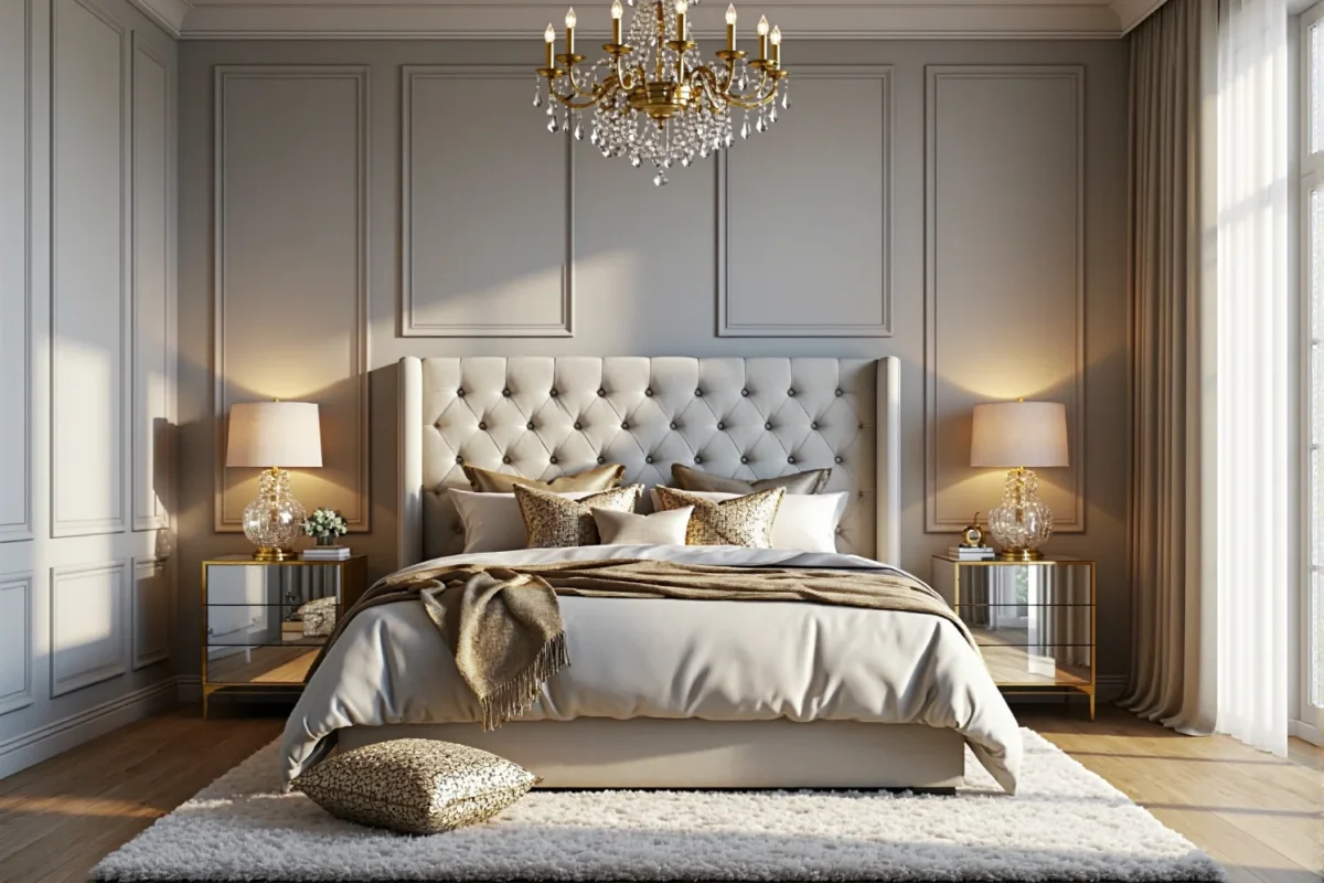 Eleganckie łóżko tapicerowane beżowe z pikowanym zagłówkiem chesterfield