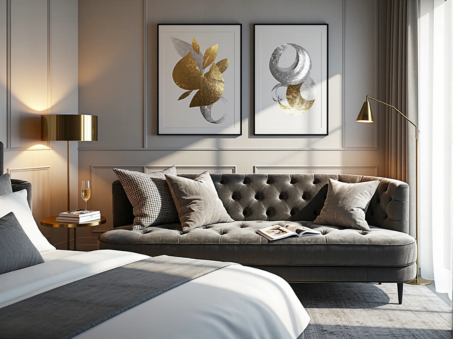 Stylowe lustro i funkcjonalne dodatki w sypialni urządzonej w stylu glamour.