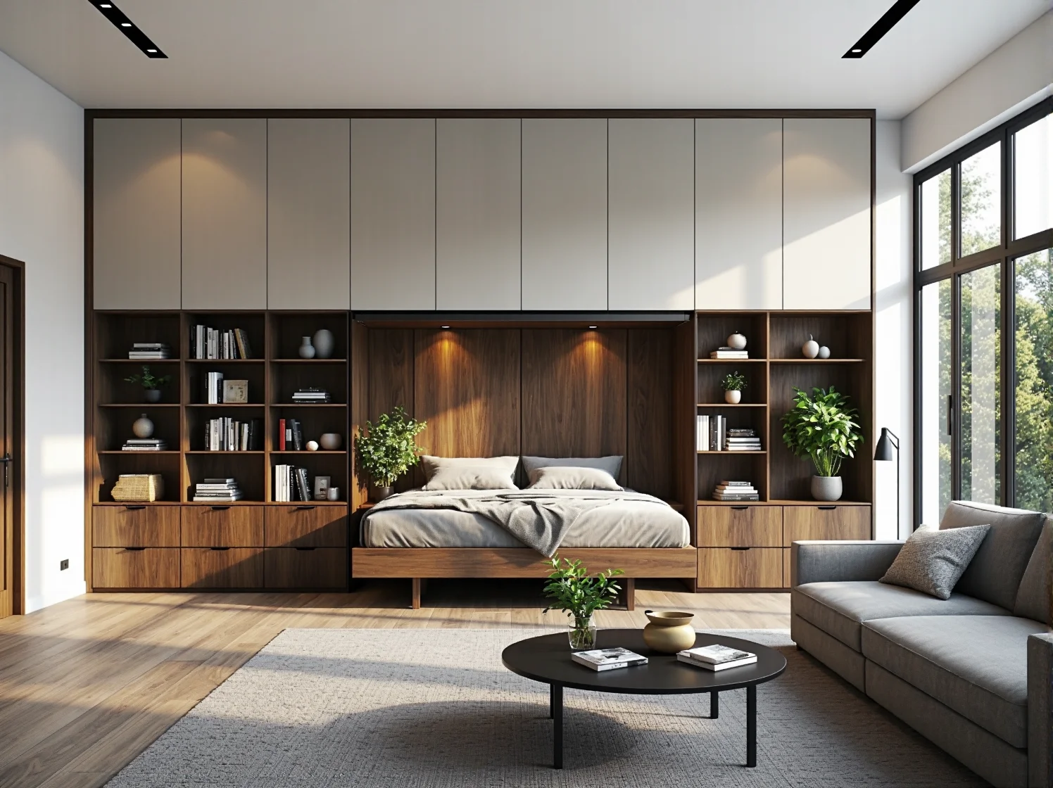 Funkcjonalny system mebli z łóżkiem rozkładanym na ścianę w domowym biurze.