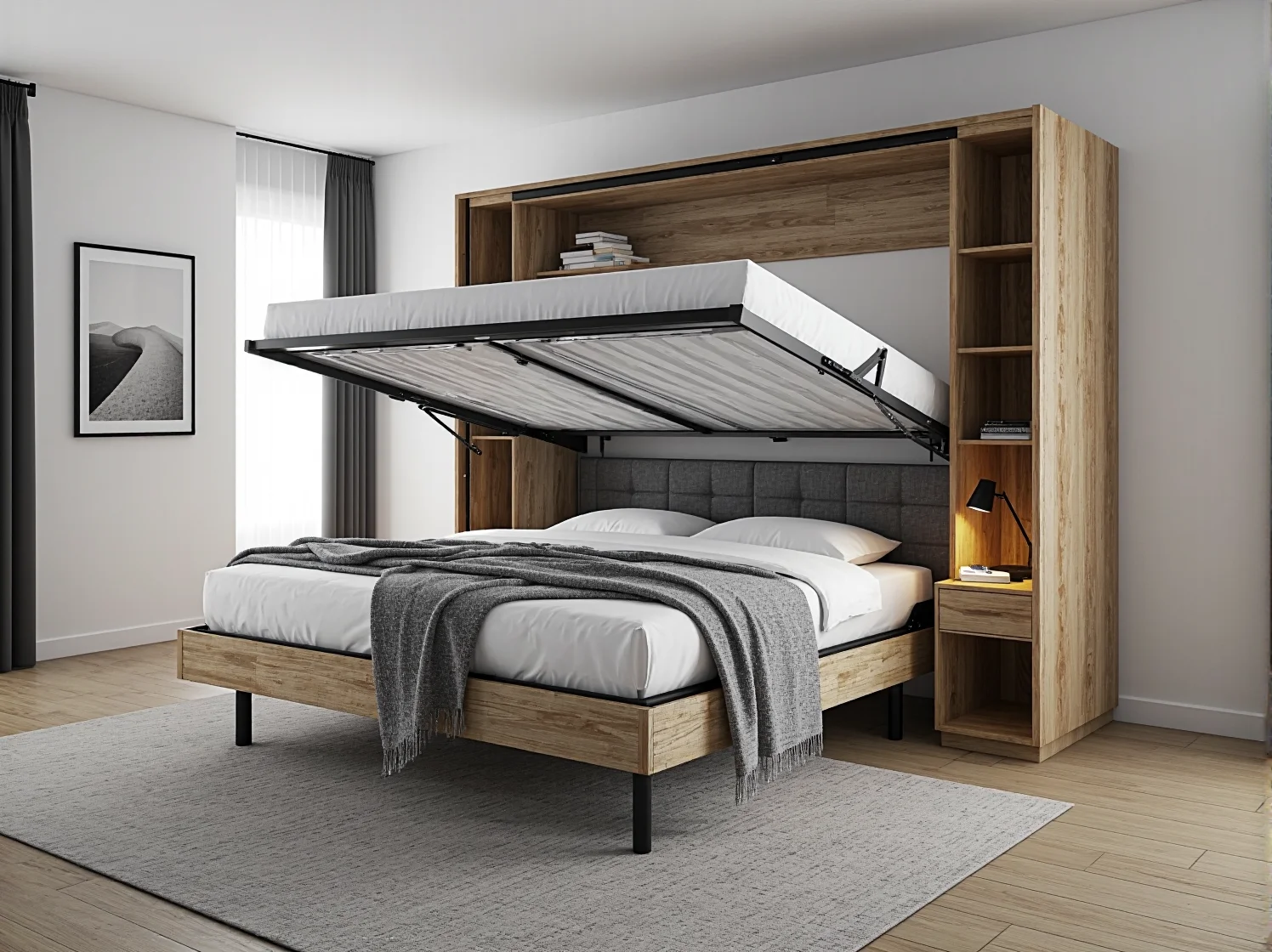 Mechanizm otwierania łóżka rozkładanego na ścianę – bezpieczny i lekki w obsłudze.