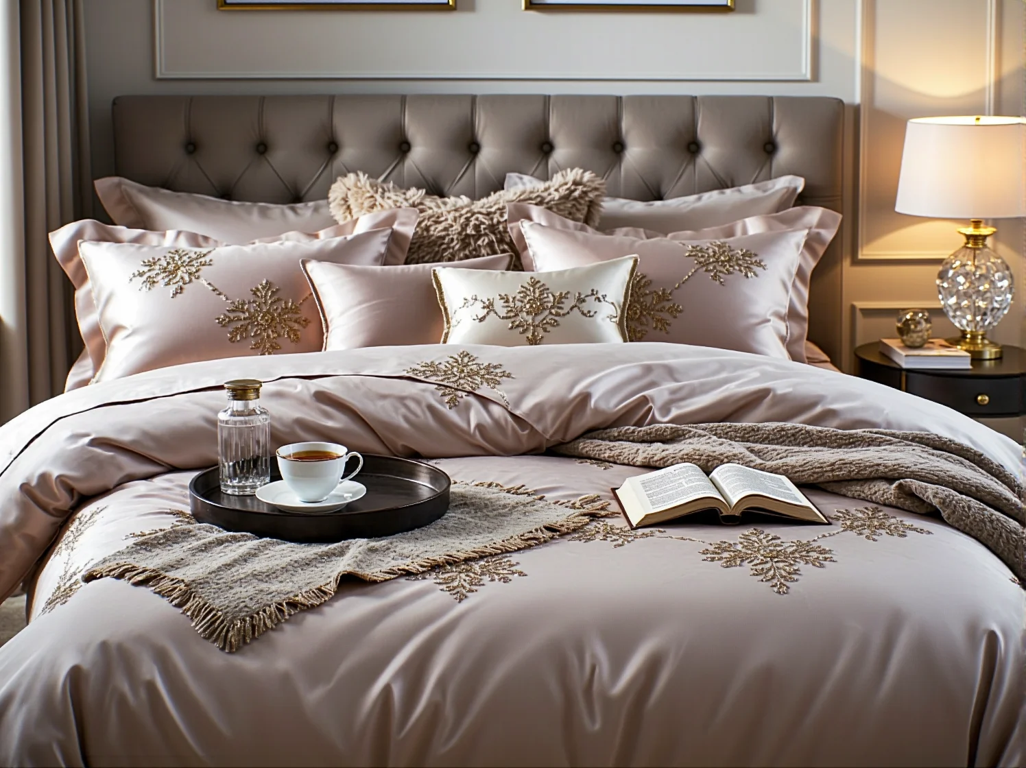 Nowoczesny żyrandol kryształowy jako efektowne oświetlenie sypialni glamour.