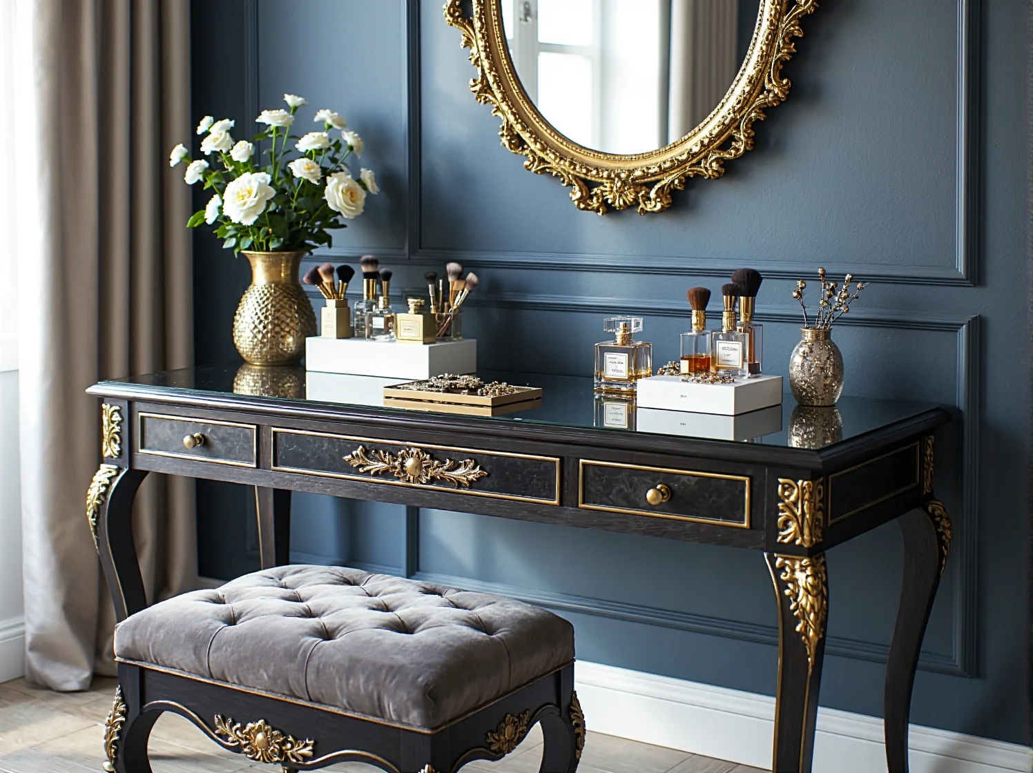 Pikowane łóżko z wysokim zagłówkiem w aranżacji sypialni glamour.