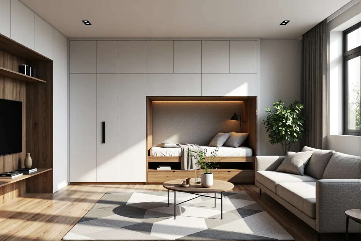 Łóżko rozkładane chowane w ścianę z białą zabudową i drewnianą wnęką