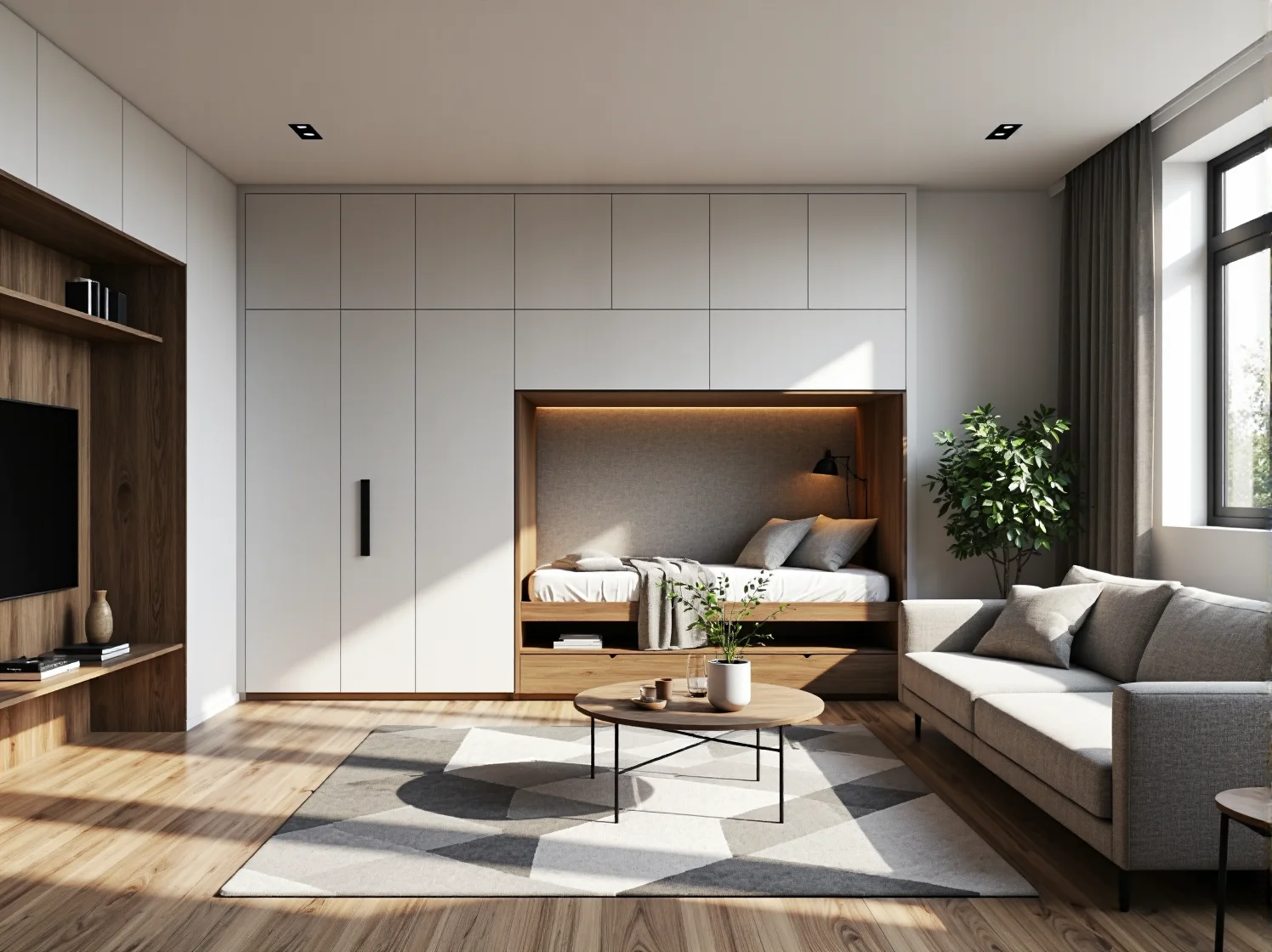 Łóżko rozkładane chowane w ścianę z białą zabudową i drewnianą wnęką