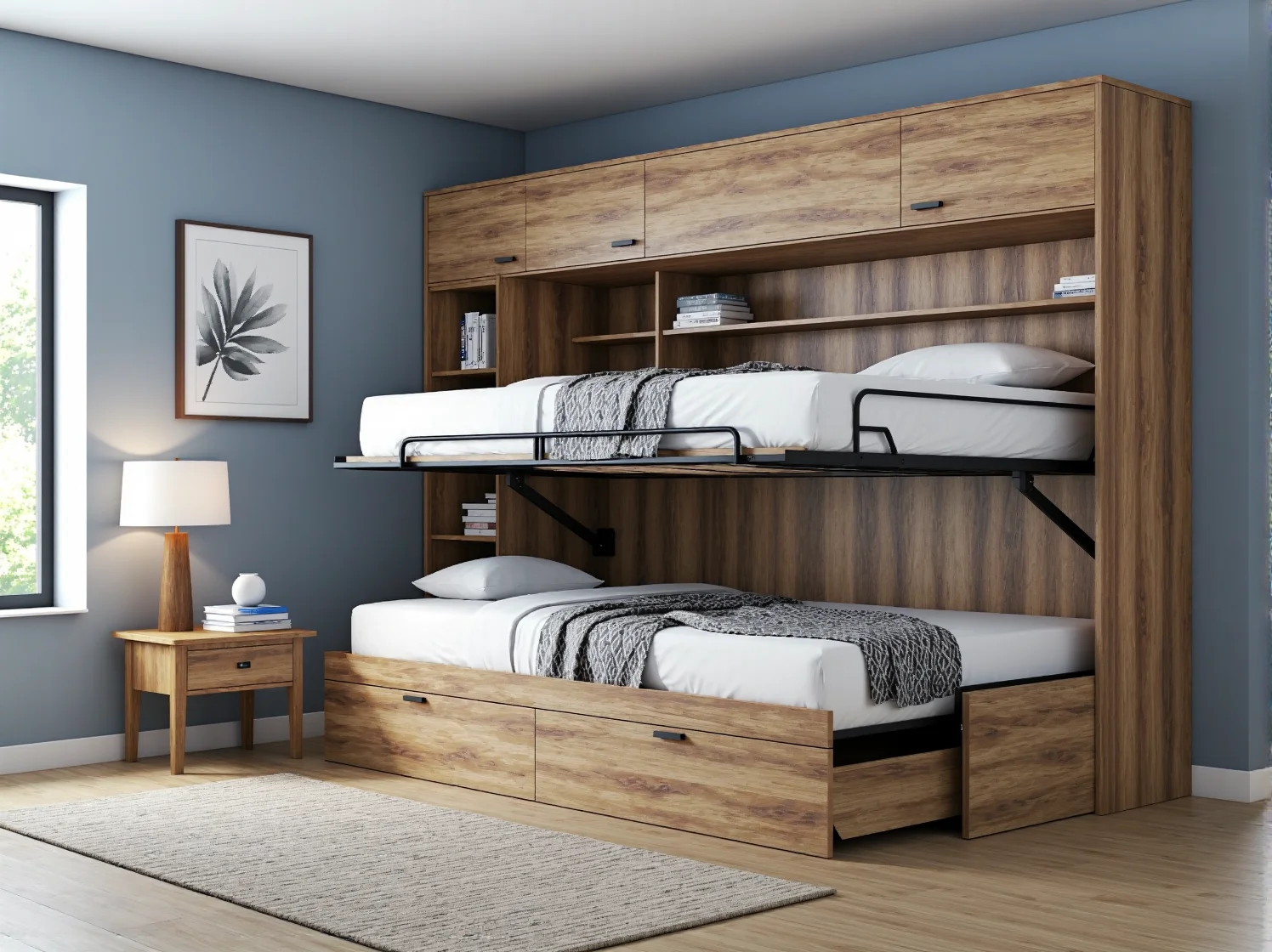 Ranking najlepszych łóżek na ścianę: eleganckie łóżko w zabudowie meblowej salonu.