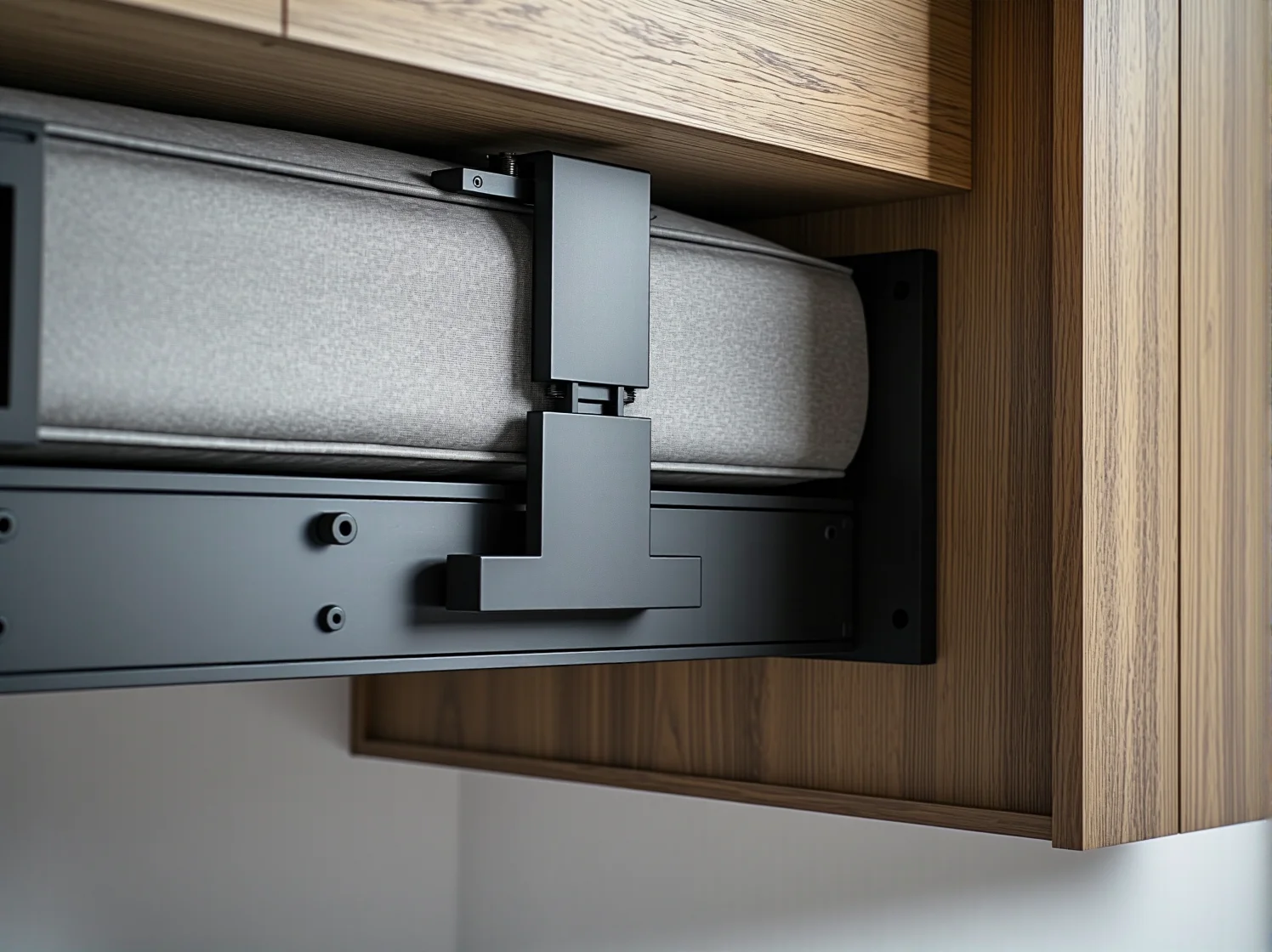 Złożone łóżko rozkładane na ścianę wyglądające jak elegancka szafa w salonie.